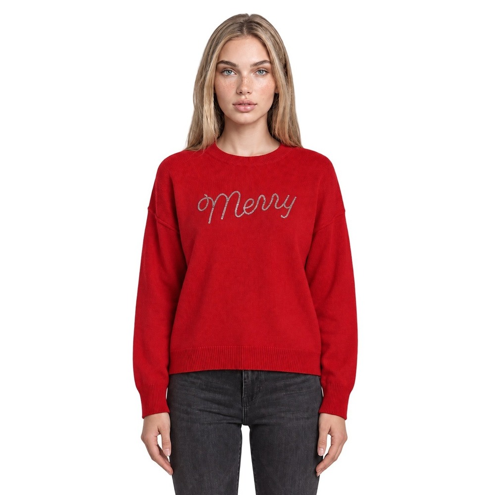Vince Camuto Christmas Sweater Women's Size Large Red Merry Beaded Crew Pullover